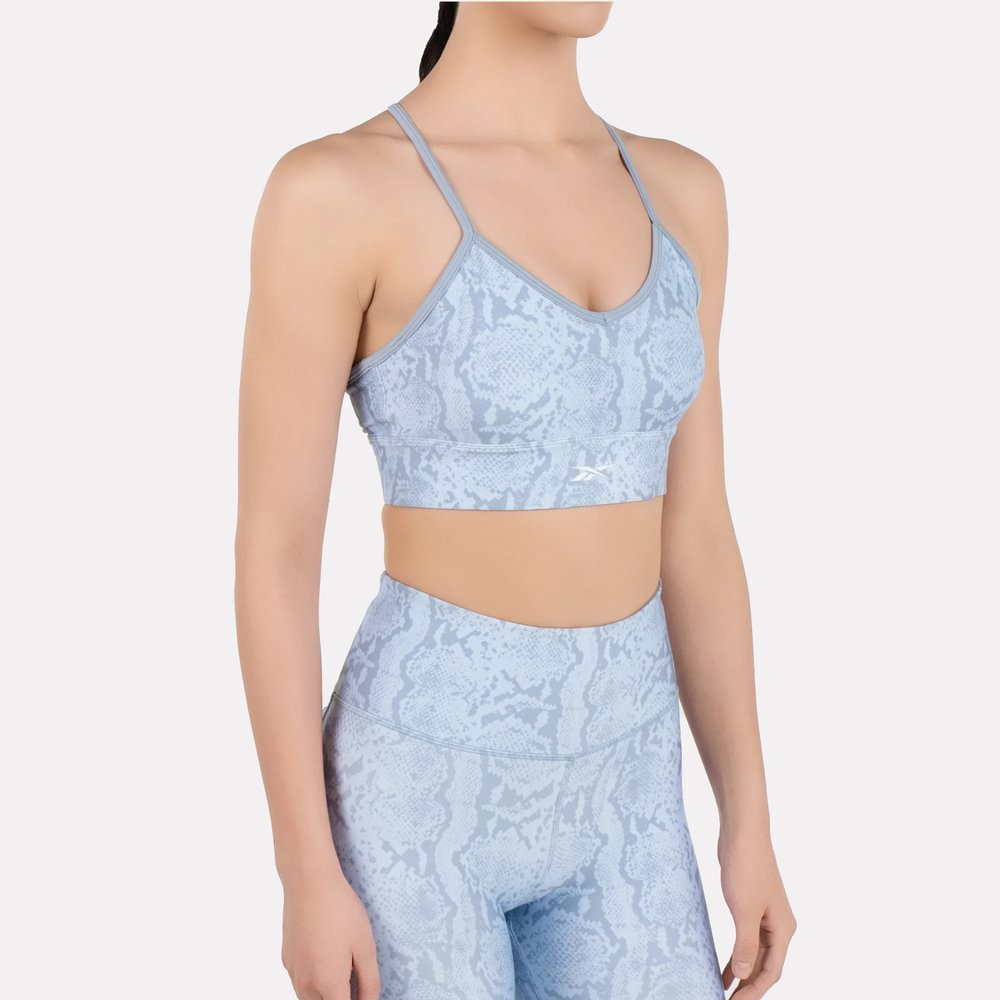 Reebok Id Train Aop Bra Top azul de mujer para entrenamiento