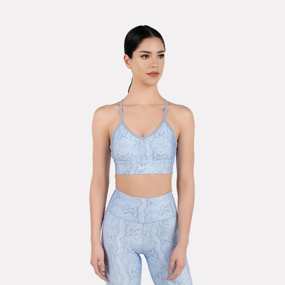 Reebok Id Train Aop Bra Top azul de mujer para entrenamiento