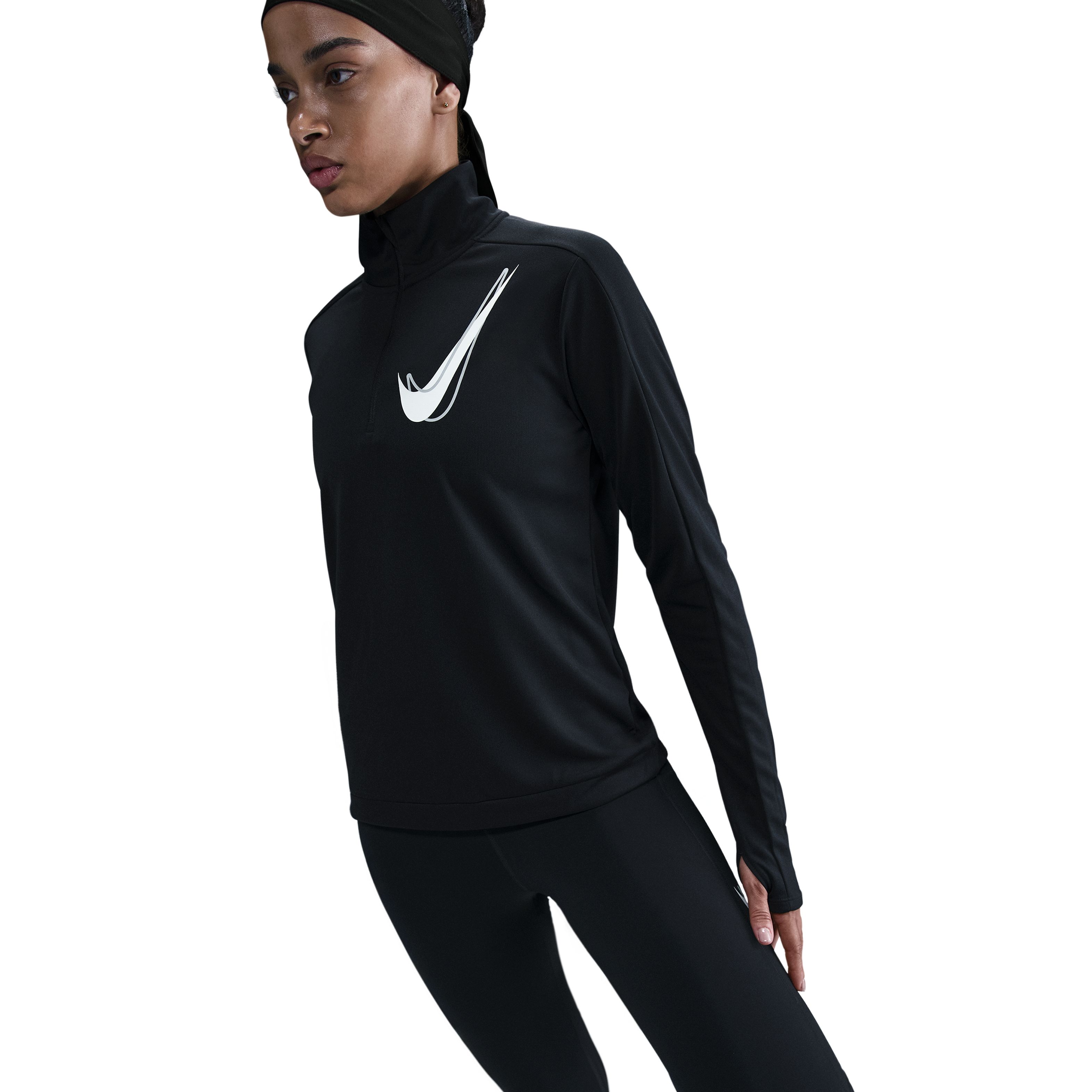 Nike W Nk Swsh Hbr Hz Mid Camiseta Manga Larga negro de mujer para correr