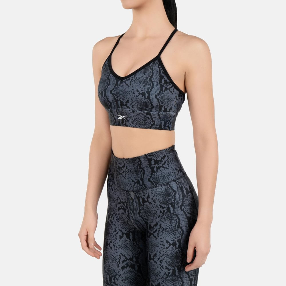 Reebok Id Train Aop Bra Top negro de mujer para entrenamiento
