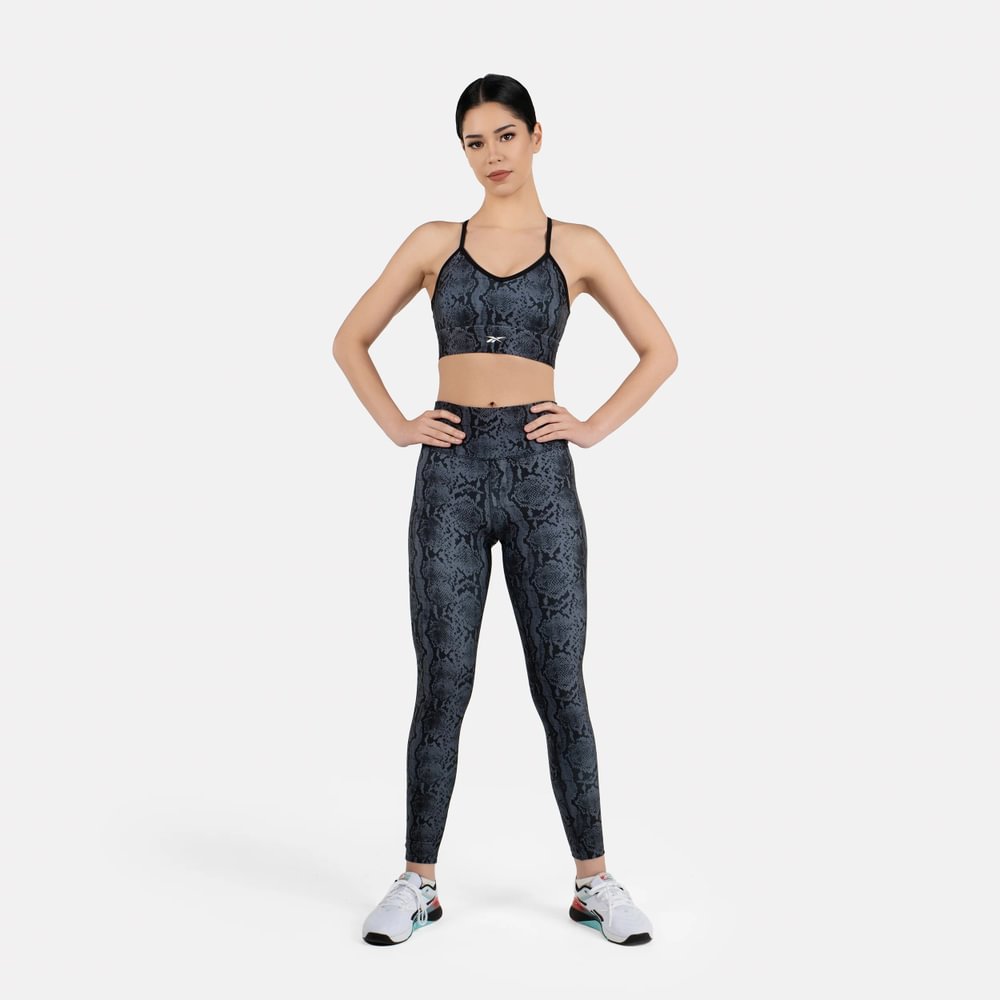 Reebok Id Train Aop Bra Top negro de mujer para entrenamiento