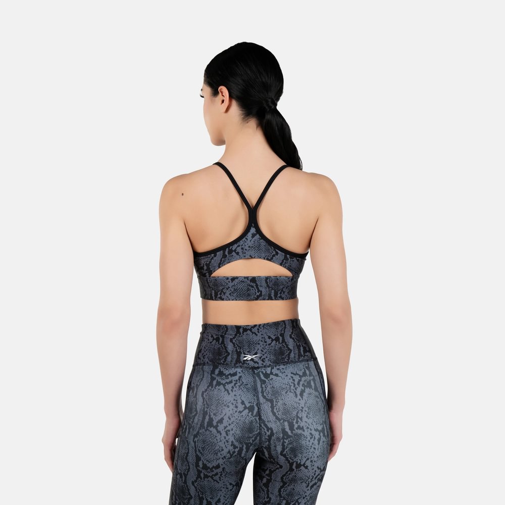 Reebok Id Train Aop Bra Top negro de mujer para entrenamiento