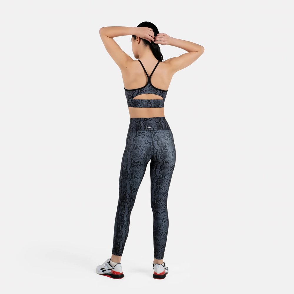 Reebok Id Train Aop Bra Top negro de mujer para entrenamiento