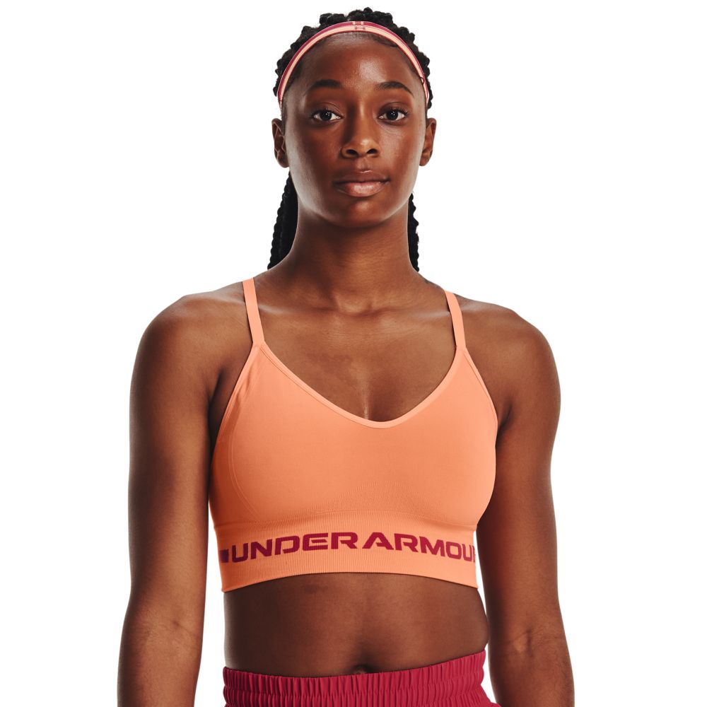 UA Seamless Low Long Bra Top naranja de mujer para entrenamiento