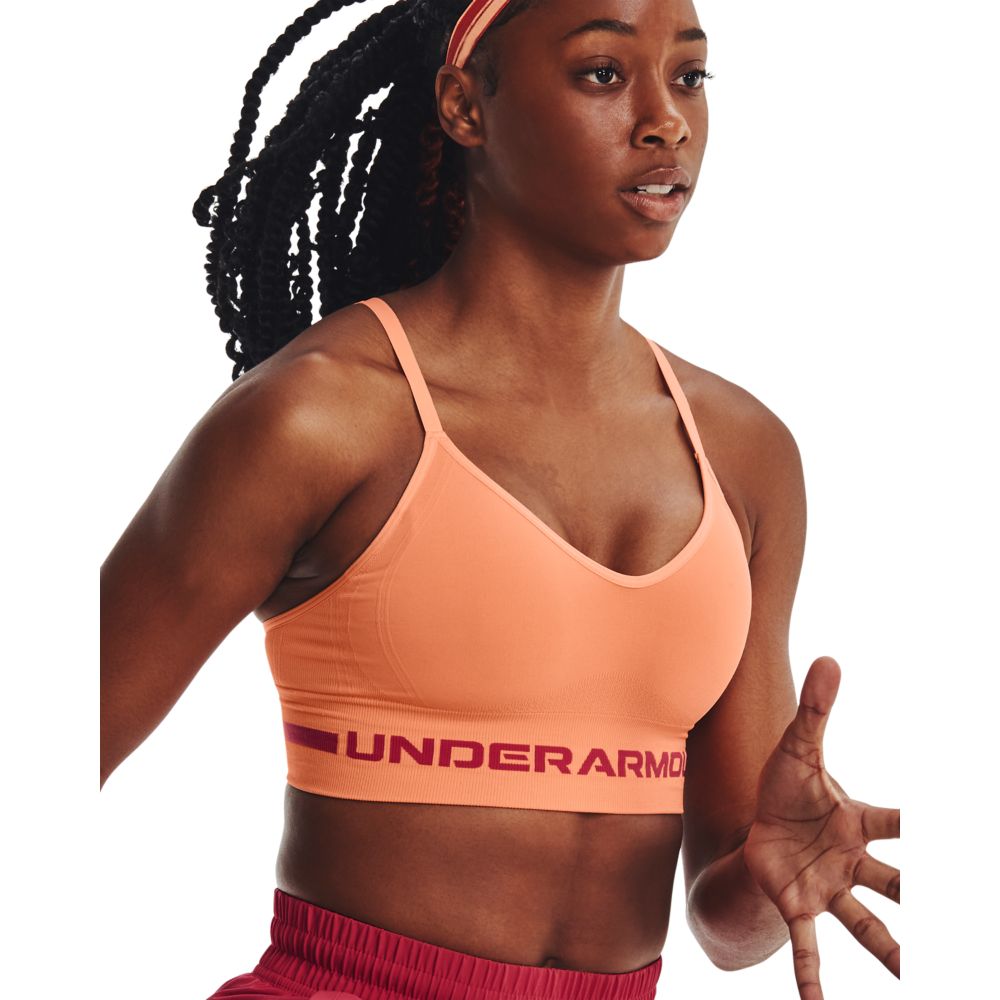 UA Seamless Low Long Bra Top naranja de mujer para entrenamiento