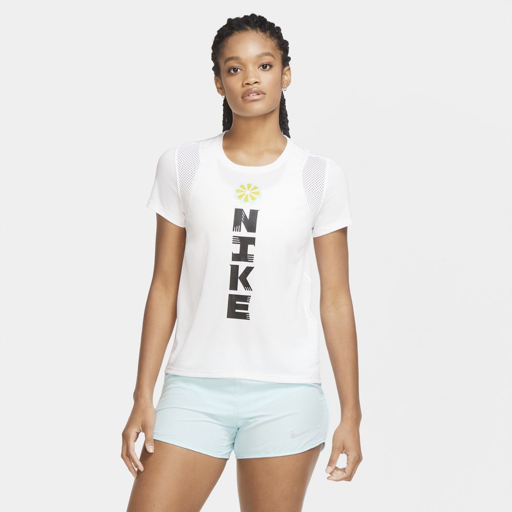 Nike W Nk Icnclsh Run Ss Gx Camiseta Manga Corta blanco de mujer para correr