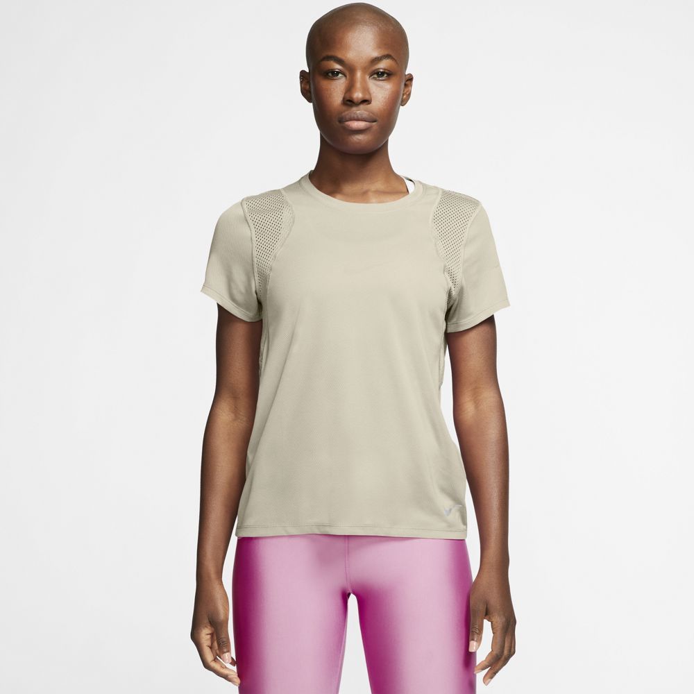 Nike W Nk Run Top Ss Camiseta Manga Corta beige de mujer para correr