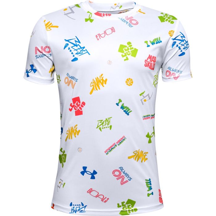 Camiseta-Manga-Corta-under-armour-para-niño-Ua-Tech-Verbiage-Ss-WhtYlg-para-entrenamiento-color-blanco.-Frente-Sin-Modelo