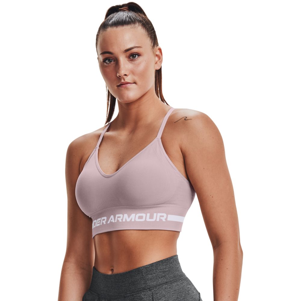 UA Seamless Low Long Bra Top rosado de mujer para entrenamiento