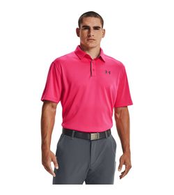 Polo-under-armour-para-hombre-Tech-Polo-para-golf-color-rosado.-Frente-Sobre-Modelo