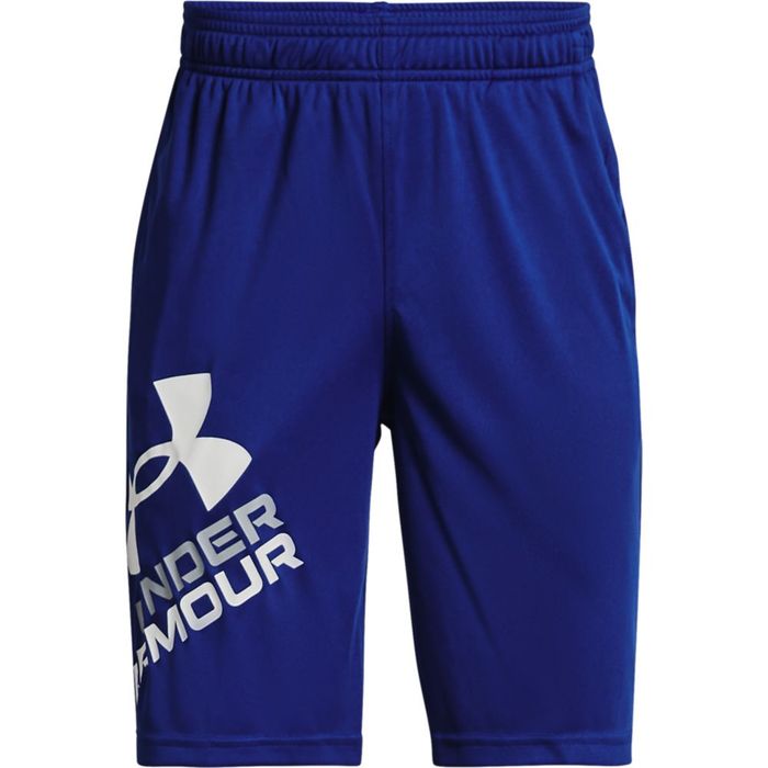 Pantaloneta-under-armour-para-niño-Ua-Prototype-2.0-Logo-Shorts-para-entrenamiento-color-azul.-Frente-Sobre-Modelo