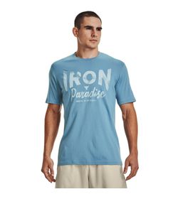 Camiseta-Manga-Corta-under-armour-para-hombre-Ua-Pjt-Rock-Iron-Paradise-Ss-para-entrenamiento-color-azul.-Frente-Sobre-Modelo