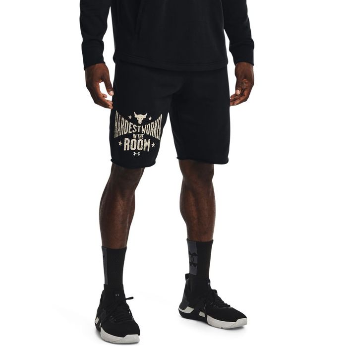Pantaloneta-under-armour-para-hombre-Ua-Pjt-Rock-Terry-Shorts-para-entrenamiento-color-negro.-Frente-Sobre-Modelo