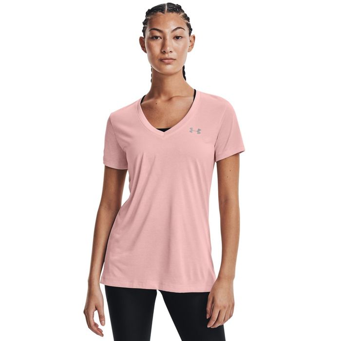 Camiseta-Manga-Corta-under-armour-para-mujer-Tech-Ssv---Twist-para-entrenamiento-color-rosado.-Frente-Sobre-Modelo
