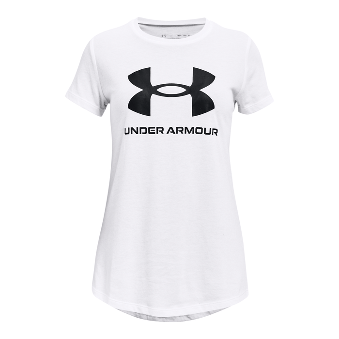Camiseta-Manga-Corta-under-armour-para-niña-Live-Sportstyle-Graphic-Ss-para-entrenamiento-color-blanco.-Frente-Sin-Modelo