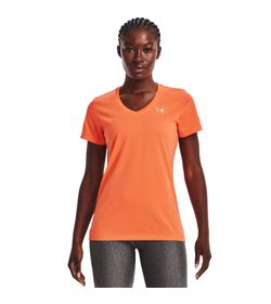 Camiseta-Manga-Corta-under-armour-para-mujer-Tech-Ssv---Solid-para-entrenamiento-color-naranja.-Frente-Sobre-Modelo