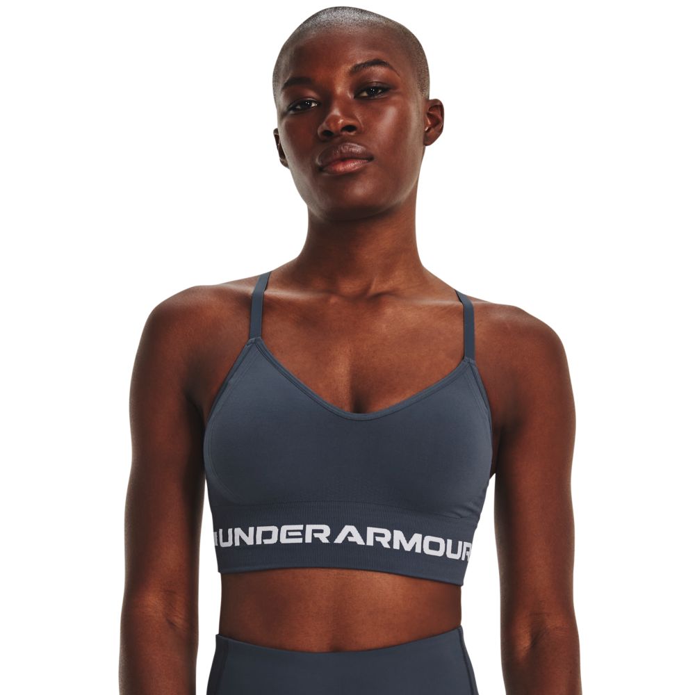 UA Seamless Low Long Bra Top gris de mujer para entrenamiento