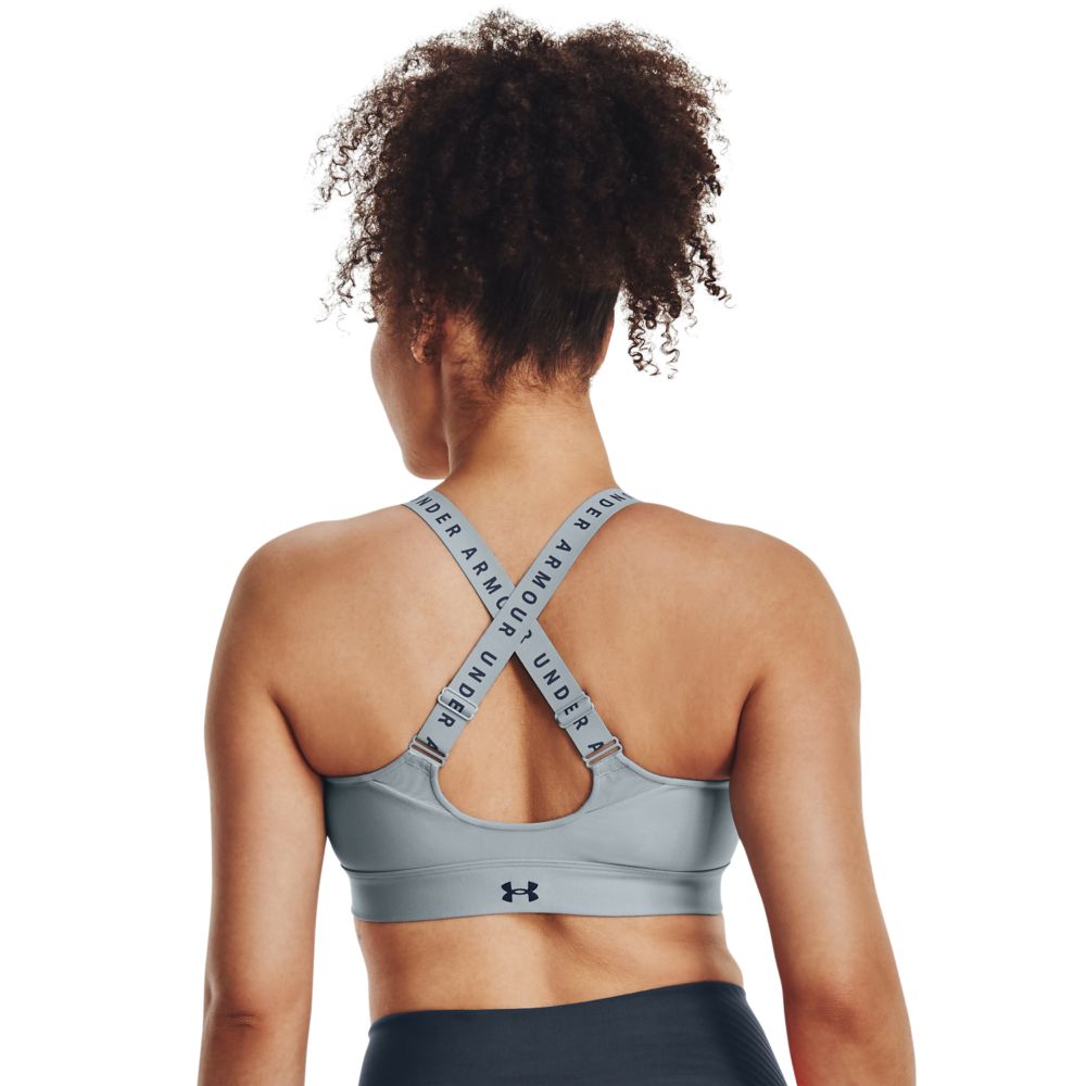 UA Infinity High Bra Zip Top azul de mujer para entrenamiento
