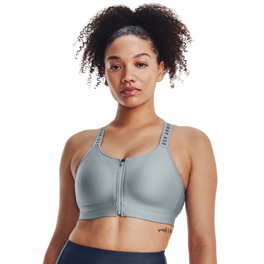 UA Infinity High Bra Zip Top azul de mujer para entrenamiento