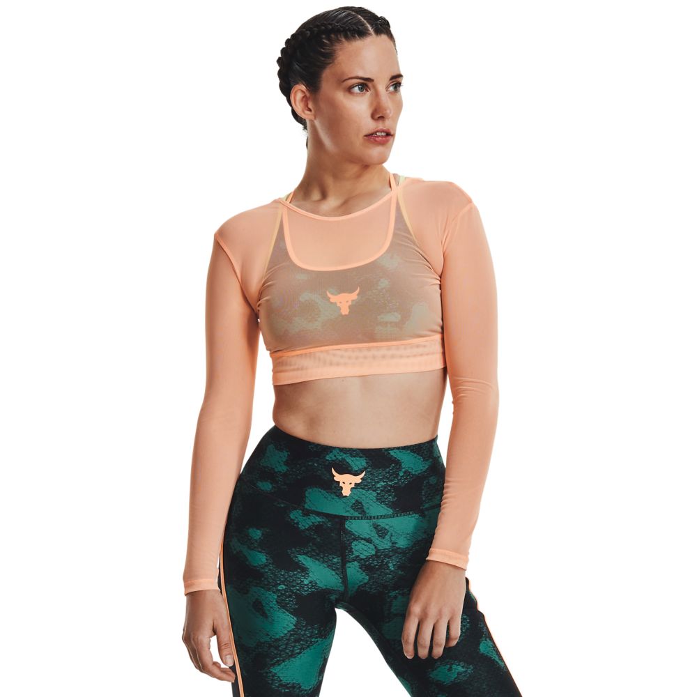 UA  Rock Sheer Mesh Ls-Org Camiseta Manga Larga naranja de mujer para entrenamiento