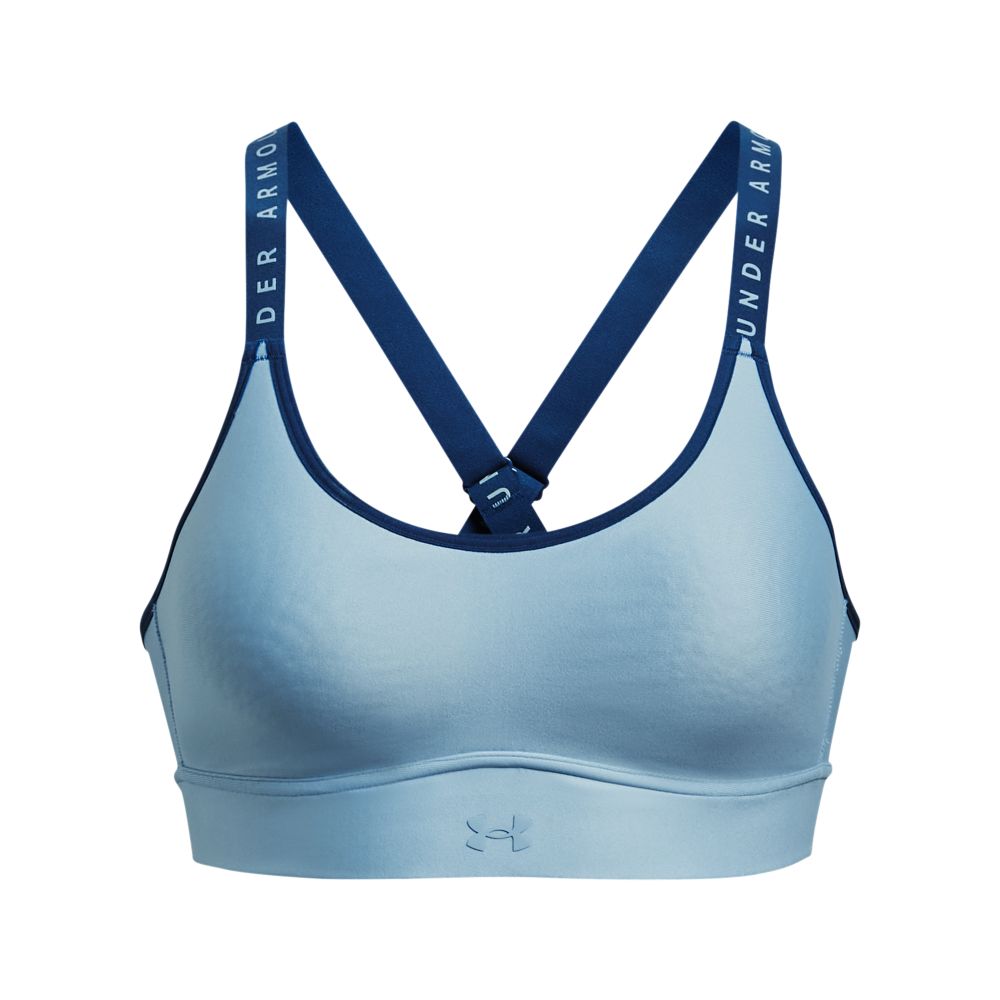 UA Infinity Mid Covered Top azul de mujer para entrenamiento