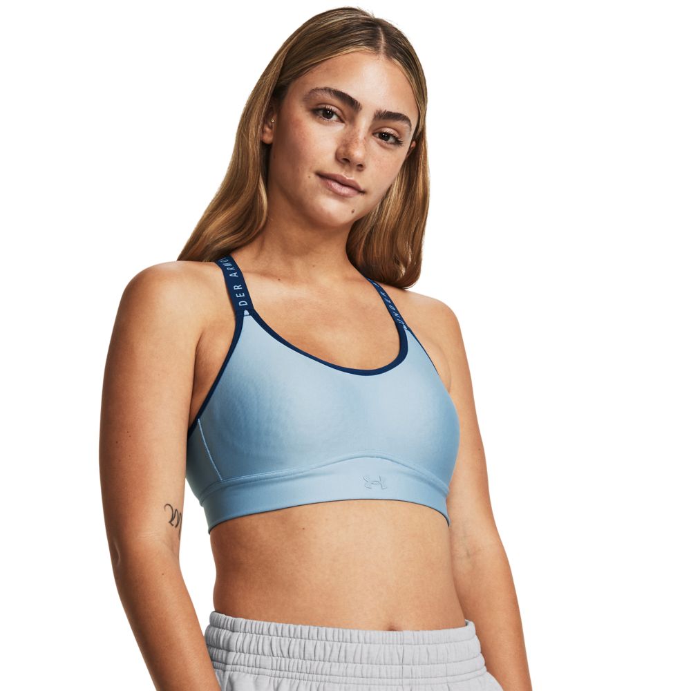 UA Infinity Mid Covered Top azul de mujer para entrenamiento