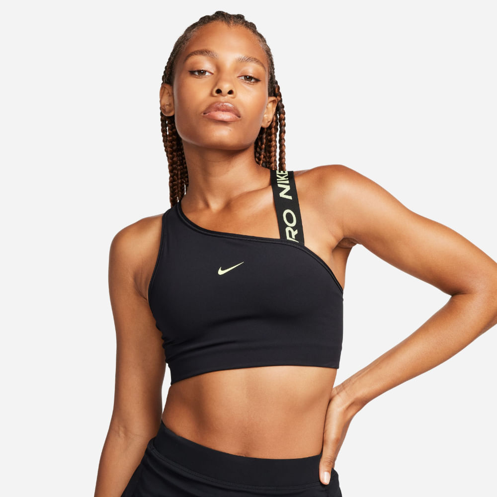 Nike W Np Df Swsh Asymmetric Bra Top negro de mujer para entrenamiento